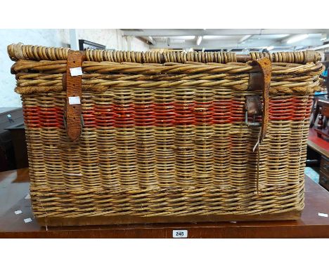 A 71cm vintage wicker lift-top basket with leather straps