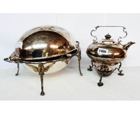 A silver plated spirit kettle on stand with burner - sold with a plated roll-top breakfast dish by Goldsmiths &amp; Silversmi