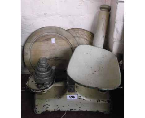 A vintage set of kitchen scales and weights - sold with two bread boards and a wooden rolling pin