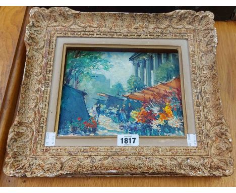 F. Michael: a sponged framed vintage oil on canvas, depicting a Parisian flower market - signed - 18cm X 23cm