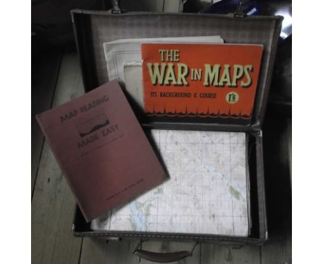 A case containing a collection of Ordnance Survey maps with 'War Revision 1940' text, also vintage map related publications