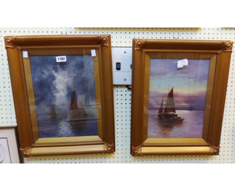 S. Cowgill: a pair of gilt framed and slipped oils on canvas, one depicting sailing fishing vessels at dusk, the other nightt