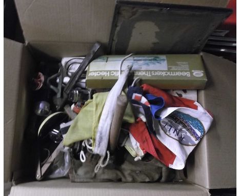A box containing a quantity of vintage tools and nautical flags