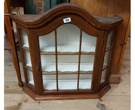 A 70cm vintage oak wall hanging display cabinet with break arch top and painted shelves enclosed by a beaded glazed panel doo