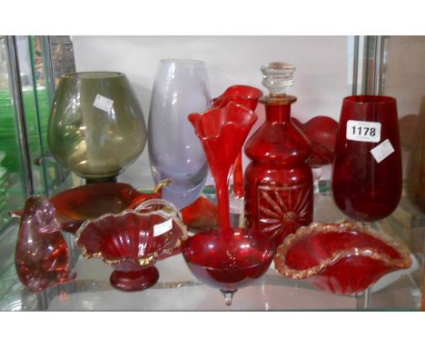 A quantity of coloured glassware including Murano 'Bull' form dish, Bohemian ruby flash-cut decanter, vases, etc.