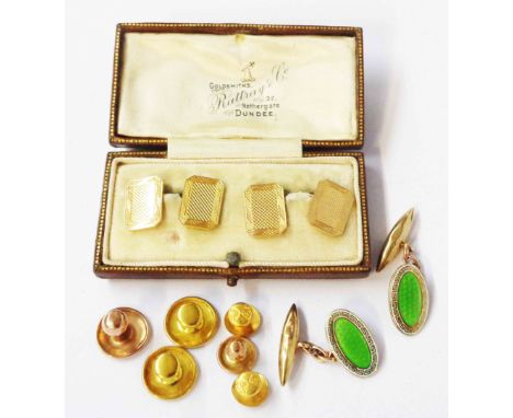 A cased pair of vintage 9ct. gold panel cufflinks with engine turned decoration - sold with another pair with enamelled oval 