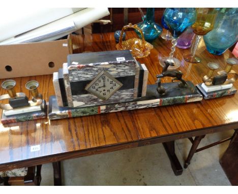 Art Deco Coloured Marble cased mantel clock with candlestick garnitures