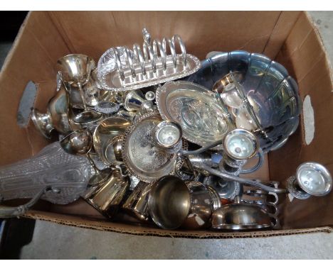 Large Box of assorted Silverplated tableware inc. Candelabras, Silverplated egg timer etc.