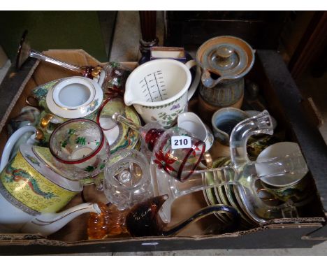 Box of various Pottery and china inc. Portmerion Botanical measuring jug, Chinese tea set etc.