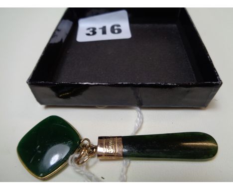 Chinese Edwardian Jade pendant with gold clasp and a 20thC Portrait polished green pendant