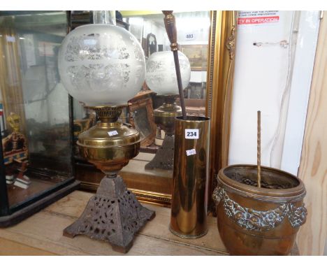 Edwardian Brass Reservoir Oil lamp, Brass trench art vase and assorted metal ware