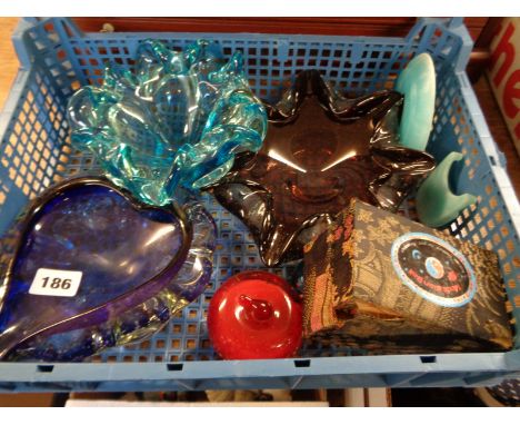 3 Decorative Art Glass ashtrays and assorted glassware