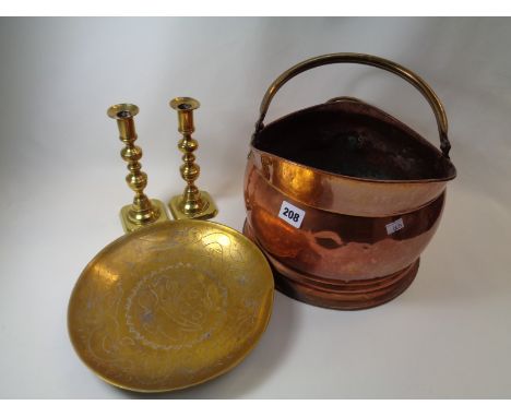 Copper Coal helmet, Pr. Of Brass Victorian candlesticks and a Brass plate