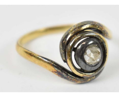 A yellow metal ring with central diamond, size G, approx 2.5g.
