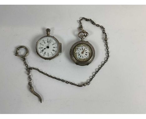 An Italian 800 grade silver lady's pocket watch, the enamel dial set with Roman numerals, also a lady's white metal pocket wa
