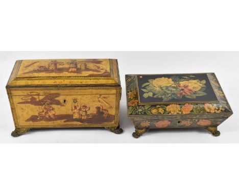 An unusual 19th century Regency period yellow lacquer and gilt chinoiserie decorated tea caddy of sarcophagus form, the hinge