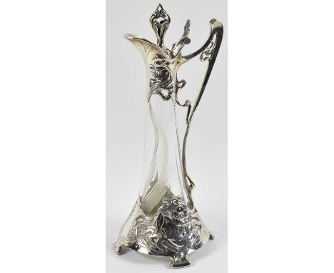 A large Art Nouveau style silver and etched glass claret jug of impressive proportions, stamped 925 sterling to the handle, h