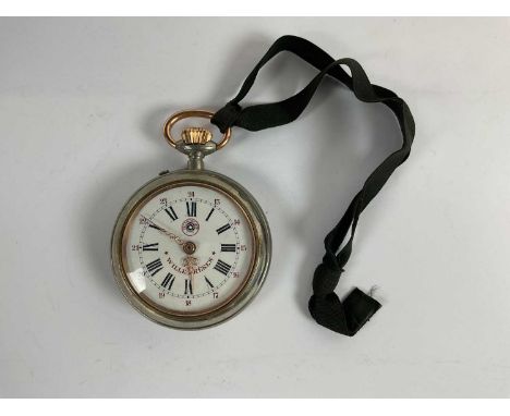 ROSKOPF; a white metal and 14ct gold cased open faced pocket watch set, the white enamel dial set with Roman numerals, 5cms.