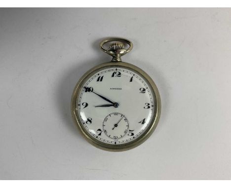LONGINES; a open face pocket watch with white enamel dial set with Arabic numerals and subsidiary dial, 5cms diameter.