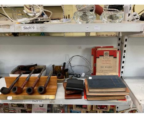 A variety of vintage pipes, a Dunhill pipe stand, five leather wallets, a small quantity of Ordnance Survey maps, etc.