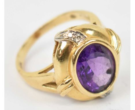 A 14ct yellow gold amethyst and diamond ring, size J, approx 5g.