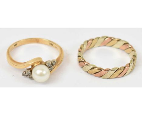 A 14ct yellow gold ring with central pearl and six small diamonds, also a 9ct yellow, white and rose gold ring, both size L, 