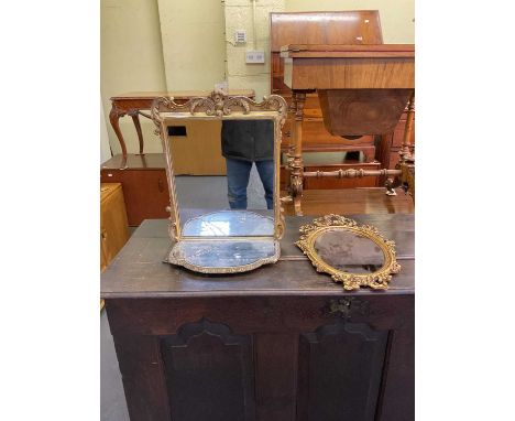 Two gilt framed wall mirrors, one with shelf, and a small easel backed Venetian style dressing table mirror (3).