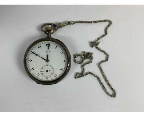 LONGINES; a 800 grade silver pocket watch, the white enamel dial set with Arabic numerals and subsidiary seconds, 5 cms diame