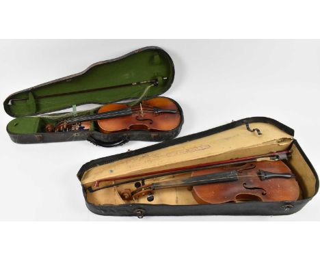 A full size violin for restoration, cased with two bows back measuring 36.5 cms, and a German Stradivarius copy 3/4 size viol