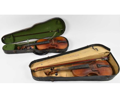 A full size violin for restoration, cased with two bows back measuring 36.5 cms, and a German Stradivarius copy 3/4 size viol