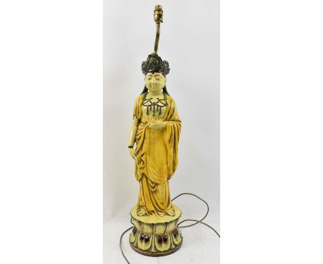 An unusual pottery figural table lamp depicting an Indian deity, also a quantity of glassware including champagne glasses, br