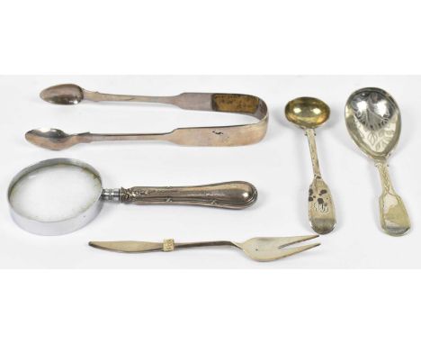 A small quantity of various hallmarked silver items including a magnifying glass, a pickle fork, sugar tongs, two spoons, etc