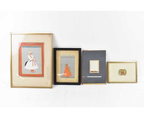 An Indian gouache, portrait, 28 x 21cm, a smaller example 20 x 12cm, a miniature depicting figures worshipping a monkey, 5 x 
