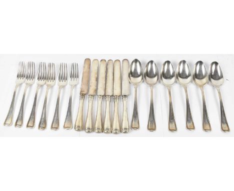SPAULDING &amp; CO; a set of six sterling silver forks and dessert spoons, also a set of six knives, weighable approx 21ozt/6
