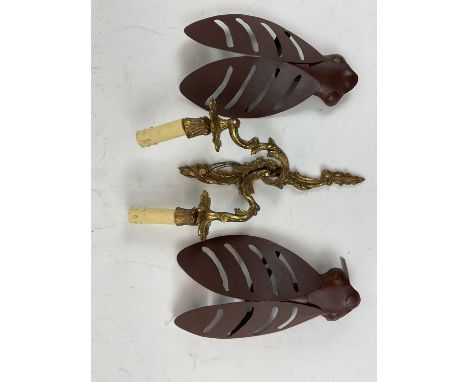 A gilt metal two branch wall light and a pair of decorative contemporary pierced wall lights (3).
