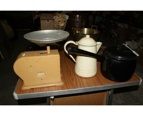 A Vintage Kitchen Scale Together With An Enamel Finish Jug Etc