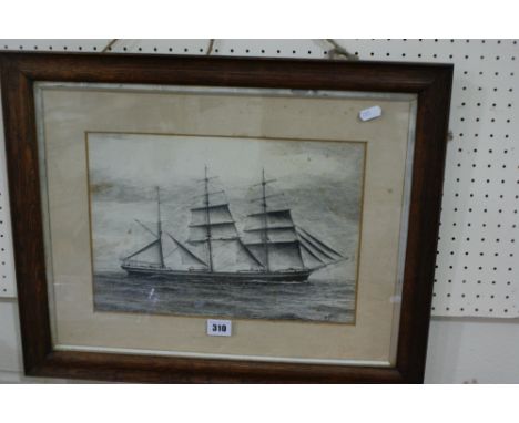 W Morris, Pencil Study Of The Three Mast Ship "Rokeby Hall" Signed And Dated 1914