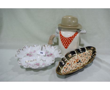 A Victorian China Serving Dish "A Present From Llangoed" A Fielding & Company Novelty Pottery Cowboy Teapot Etc (3)
