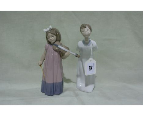 A Lladro Porcelain Figure Of A Child In Night Gown Together With A Nao Porcelain Figure Of A Child Violinist