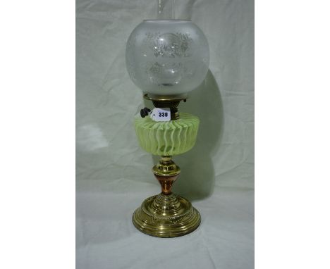 An Excellent Victorian Circular Based Brass Column Oil Lamp With Opaline Glass Reservoir And Etched Shade