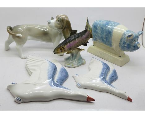 A Lladro figure of a dog, a Goebel fish, two Rye Pottery birds and a Rye Pottery boar 