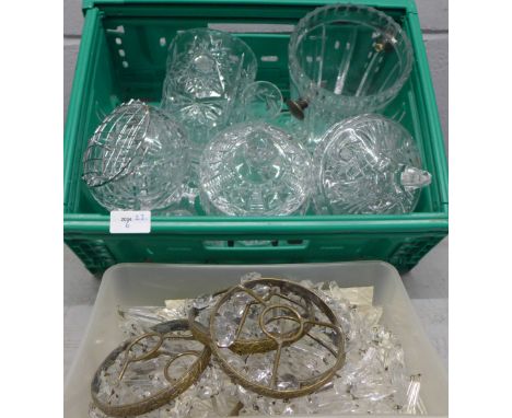 A box of crystal lidded pots, posy base, and five light fittings with crystal drops **PLEASE NOTE THIS LOT IS NOT ELIGIBLE FO