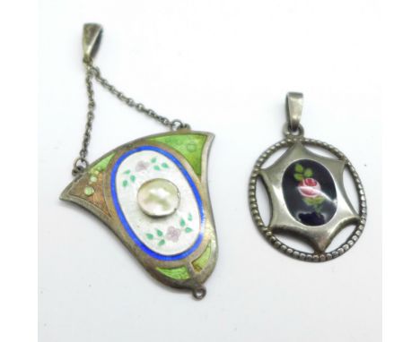 Two Charles Horner silver and enamel pendants, one a/f 