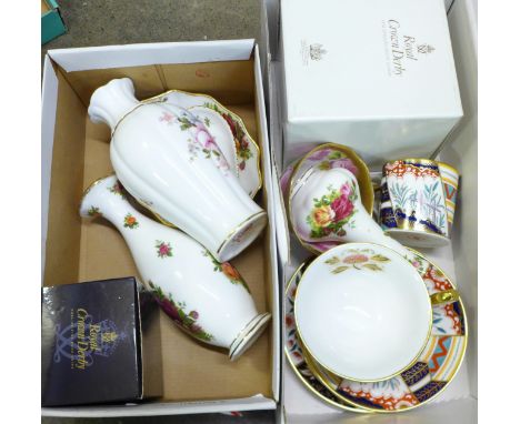 A collection of Royal Crown Derby cups, saucers, vases, Royal Albert, (two items boxed) 