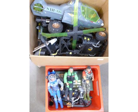 A collection of 1980's-90's Action Man vehicles, Jeep, Helicopter, four figures, clothes and accessories (2 boxes) 