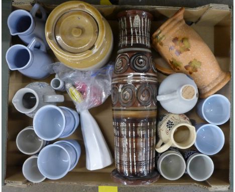 A Jersey Pottery vase, a stoneware tobacco jar, The College Tobacco Jar, a box of Austrian cups, jugs, ceramic handle knives,