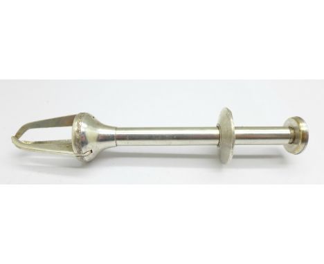 A white metal olive lifter with yellow enamel plunger by A. Scharning Norway, (circa 1940) 