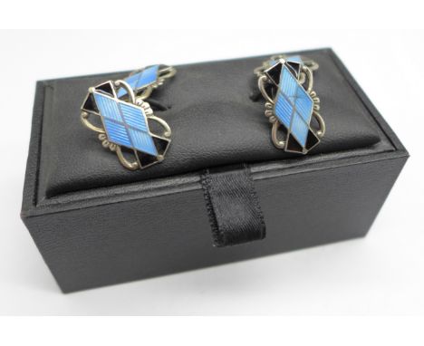 A pair of blue and black enamel over silver cufflinks, marked 925 and Norne, with Norwegian mark 