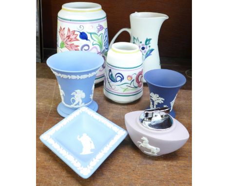 Two Poole vases and a jug and four items of Wedgwood Jasperware 