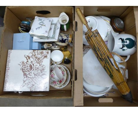 Two boxes of mixed decorative china including Wedgwood, Queen Anne, Mason's, Royal Worecester Evesham, a pair of opera glasse